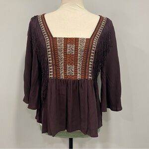 SHYANNE M Brown Embroidered Fringe Flare Sleeve Southwestern Peasant Blouse